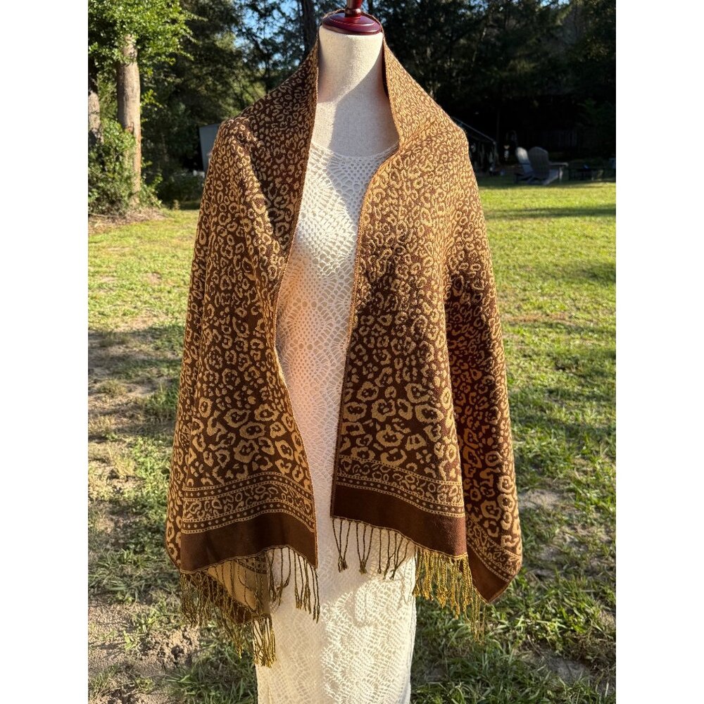 Leopard Pashmina Silk Shawl Wrap Scarf  Fringe Reversible  25x68 quiet luxury